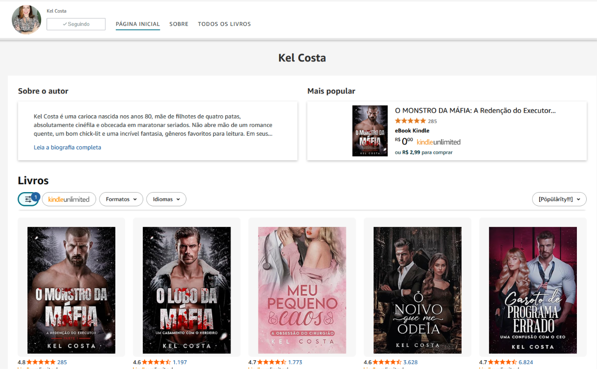 Print da página da autora Kel Costa na Amazon com livros e avaliações
