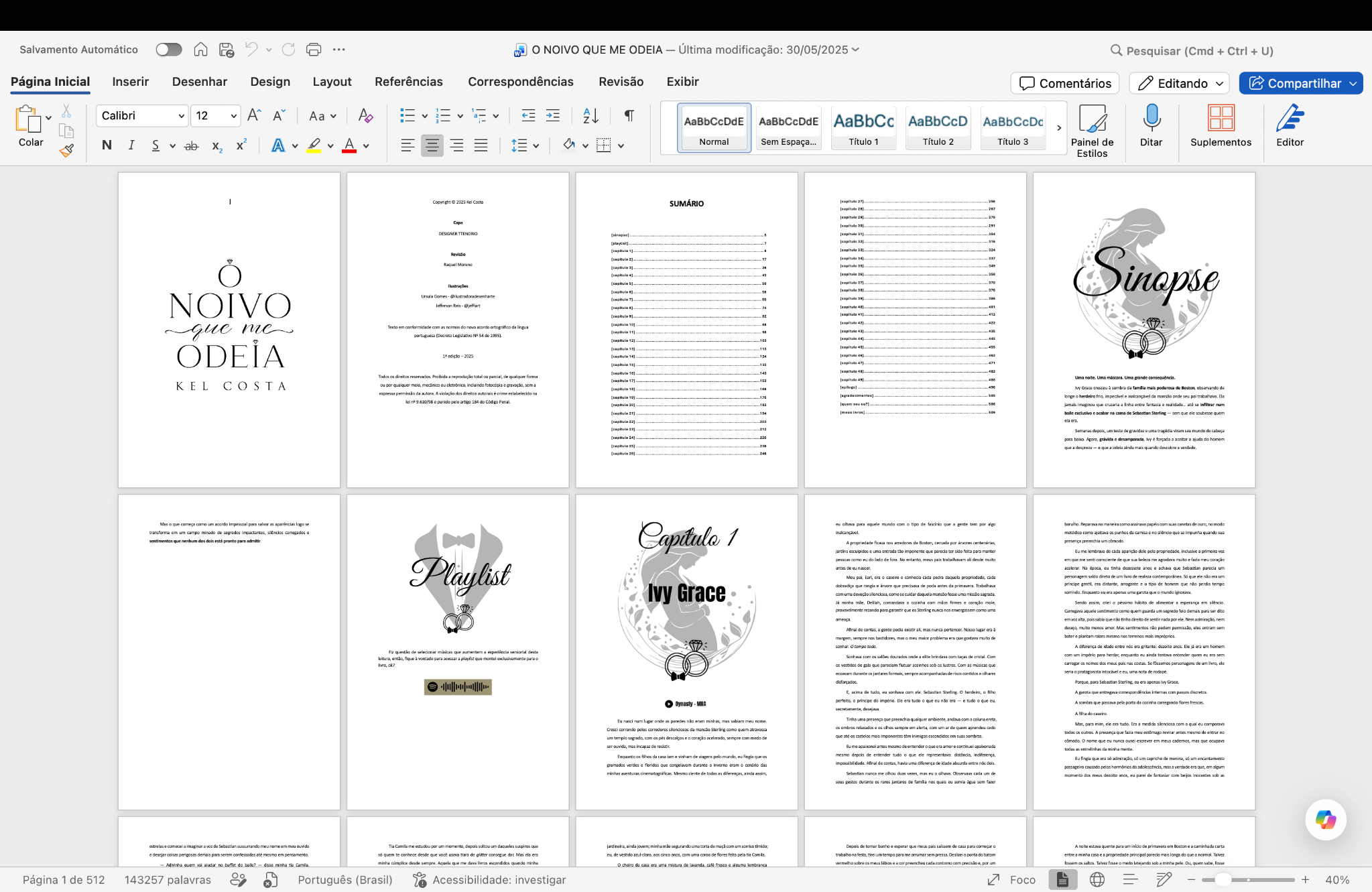 Print real de livro diagramado no Word com páginas iniciais, sumário, sinopse e capítulo