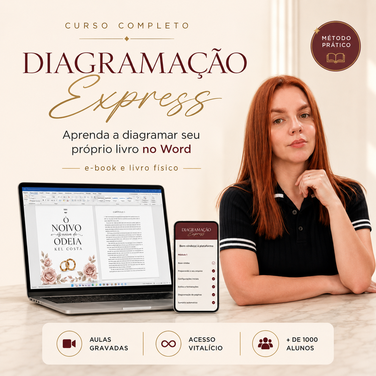 Diagramação Express com Kel Costa, exemplos de livros diagramados, área de membros e benefícios do treinamento